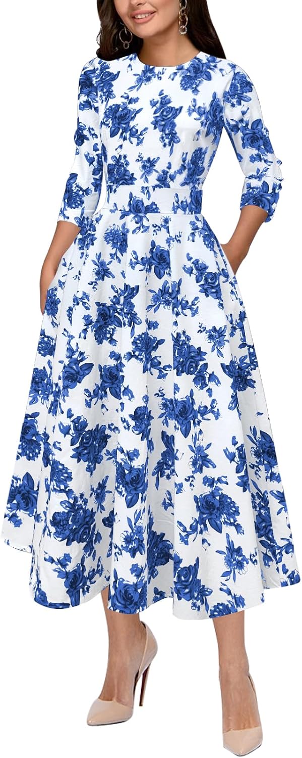 Simple Flavor Women's Vintage 1950s Cocktail Midi Dress | Sleeveless, Cotton, Boat neck, Retro tea length, Fit and flare a-line swing, Tea party derby church dress with pockets