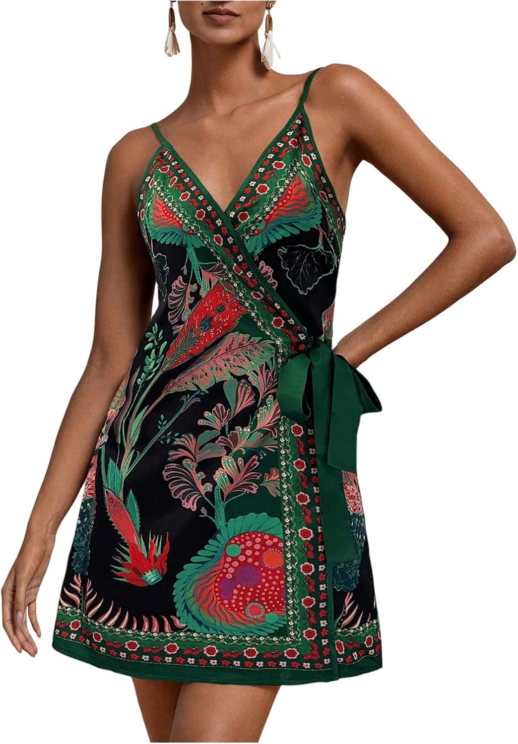 RoseSeek Women's Tropical Print Wrap Dress Sleeveless Vacation Dresses | Short Summer Dresses, Beach Vacation Outfits, Tropical Print Cami Dress, V Neck Dress