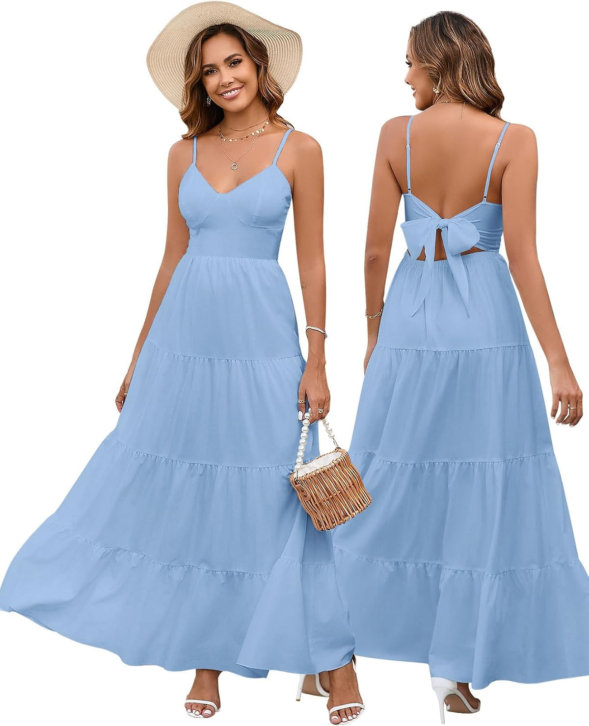 HTZMO Women Summer Floral Maxi Sundress Boho Beach Long Dress | Wedding Guest Bridal baby Shower Vacation Party Dresses 2026, Bow Tie A Line Flowy V Neck Spaghetti Strap