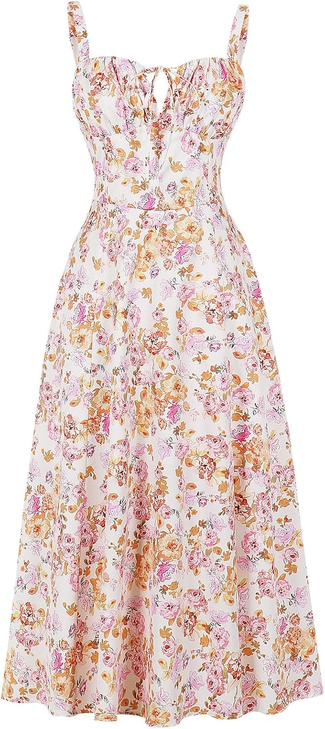 Women's Floral Corset Dress Formal Cocktail Dresses Going Out Casual Sundress Split Thigh Spaghetti Strap Vintage Dress