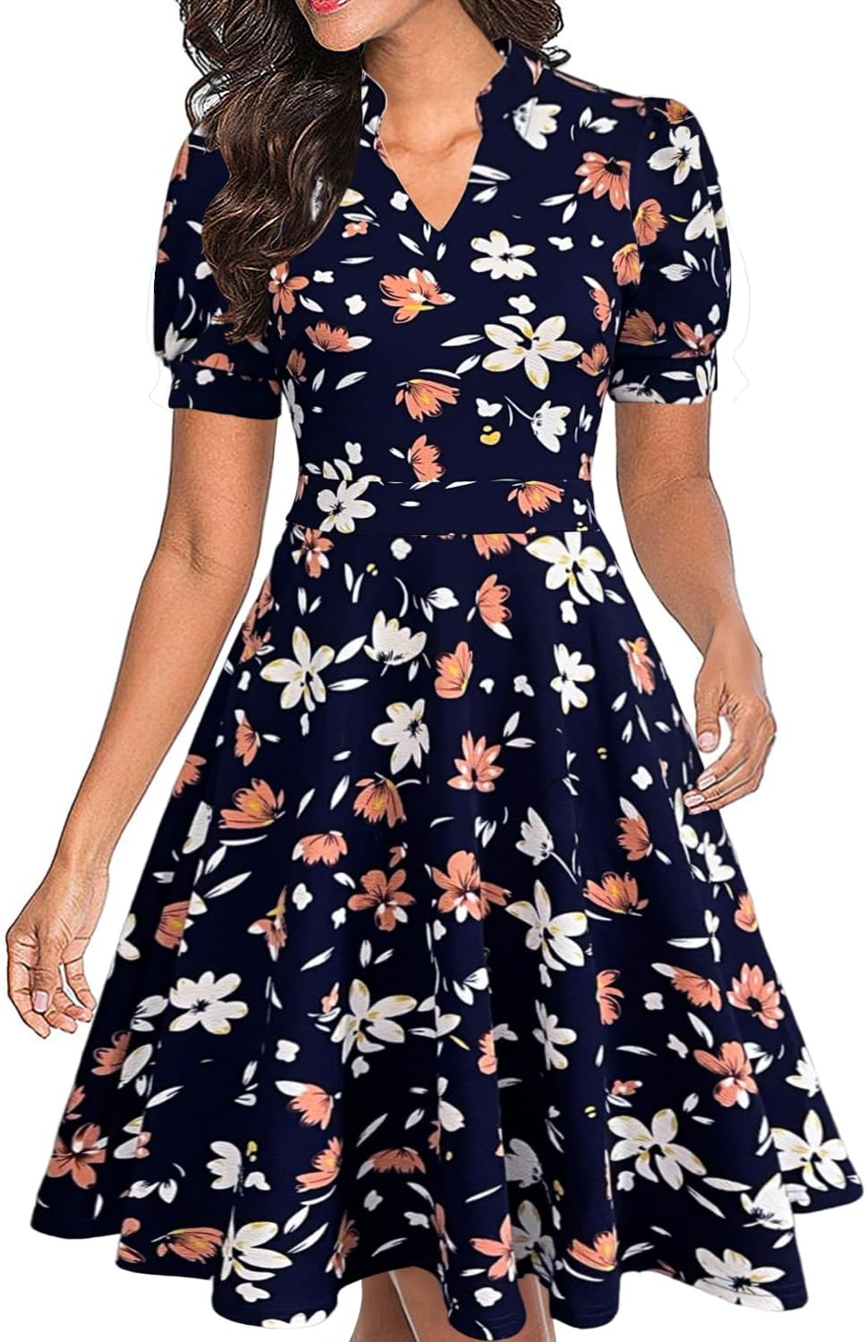 Mokayee Womens Summer Short Puff Sleeve Casual Semi-Formal Fit and Flare Church Wedding Guest Work Dresses with Pockets
