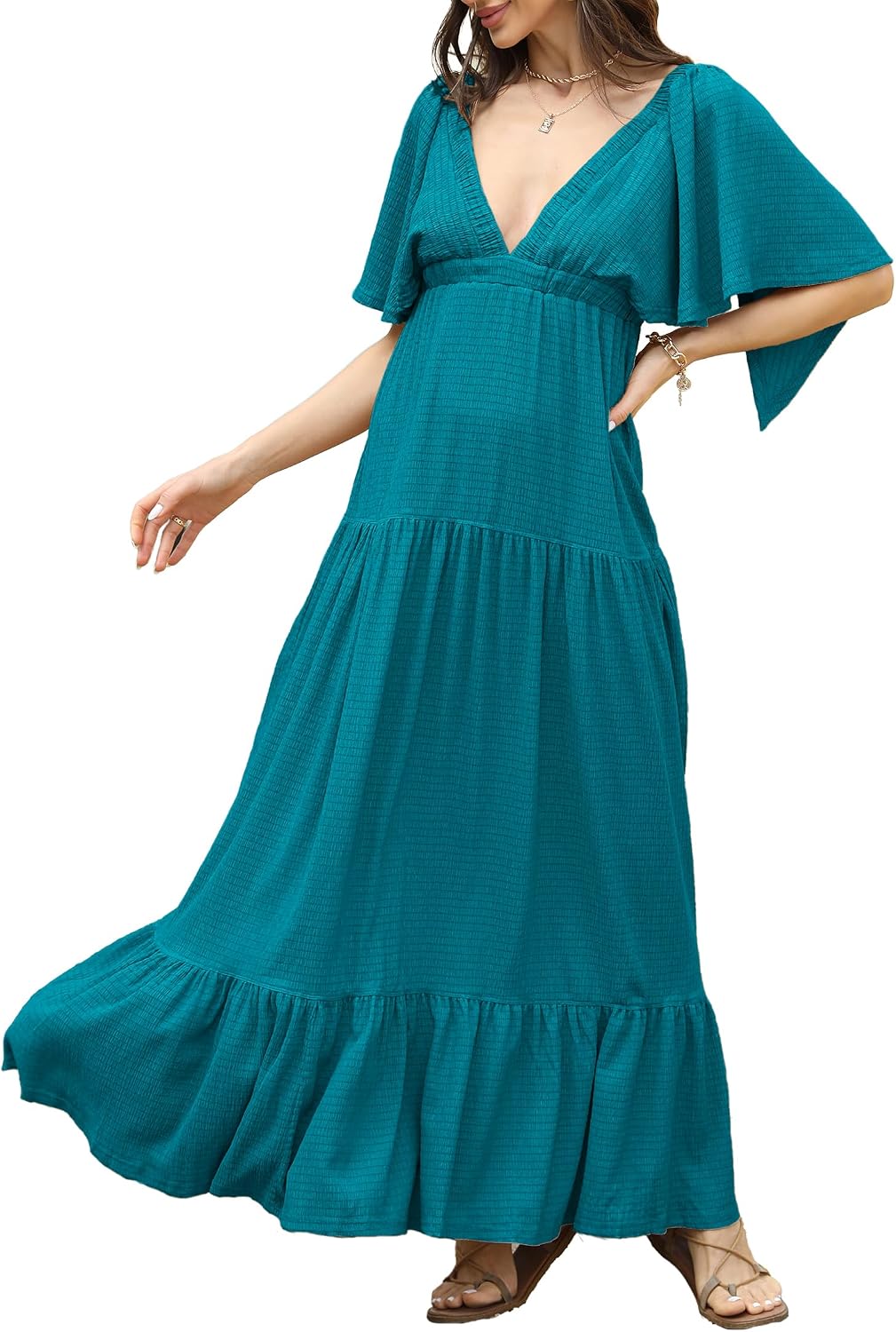 Kikibell Women Summer Dresses Sexy V-Neck Maxi Dress Tiered Silhouette with Flutter Sleeve Backless Elastic Waist Flowy Dress