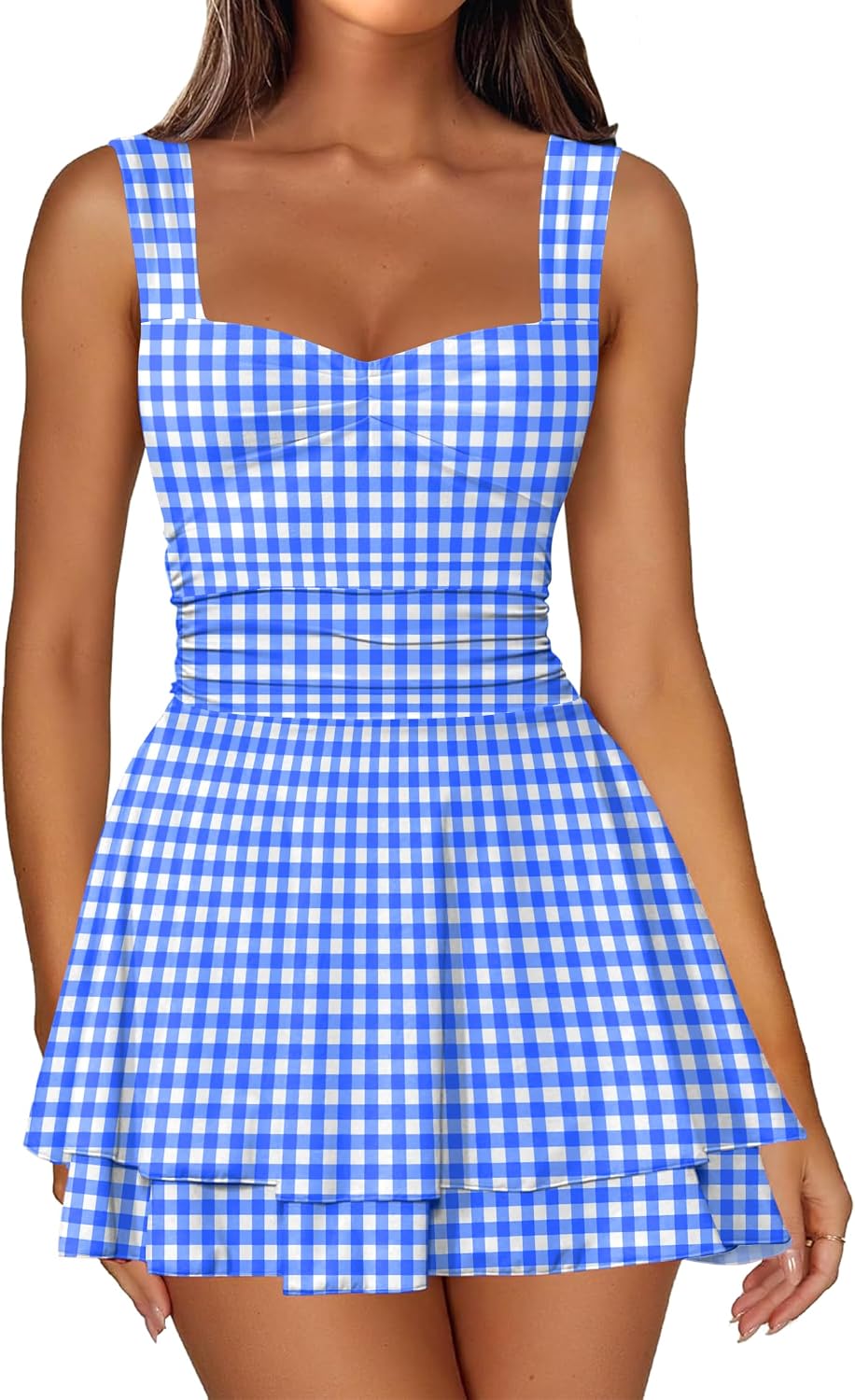 IWD Women's Square Neck Sleeveless Mini Dress Corset A Line Short Dresses | Ruched Waist Flowy Tiered Ruffle Hem Party Dresses