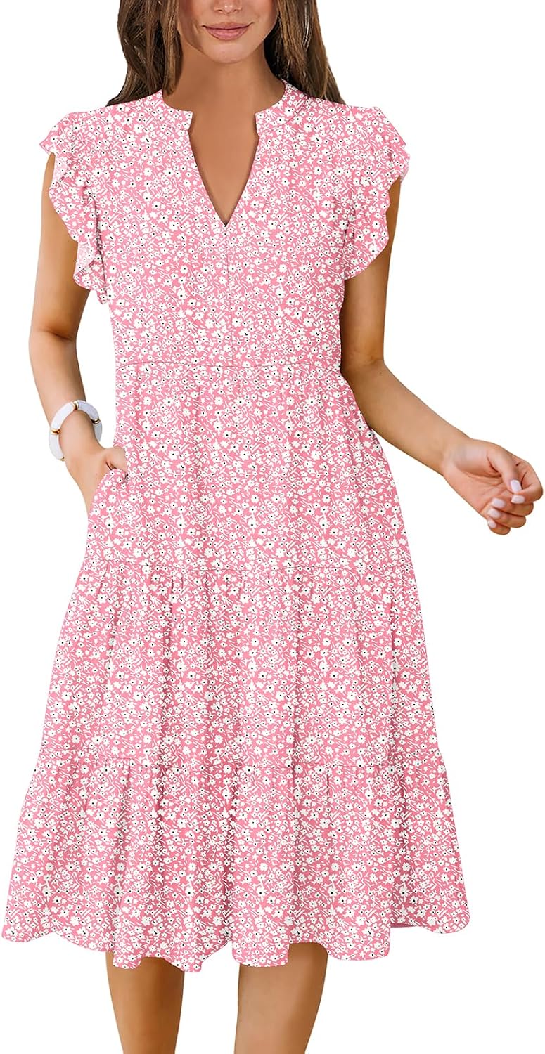 ANRABESS Womens Summer Dress Ruffle Sleeve V Neck Midi Dresses | Flowy Tiered Boho Beach Sundress, Casual Fit Knee Length, Fashion Vacation Work Outfits 2026