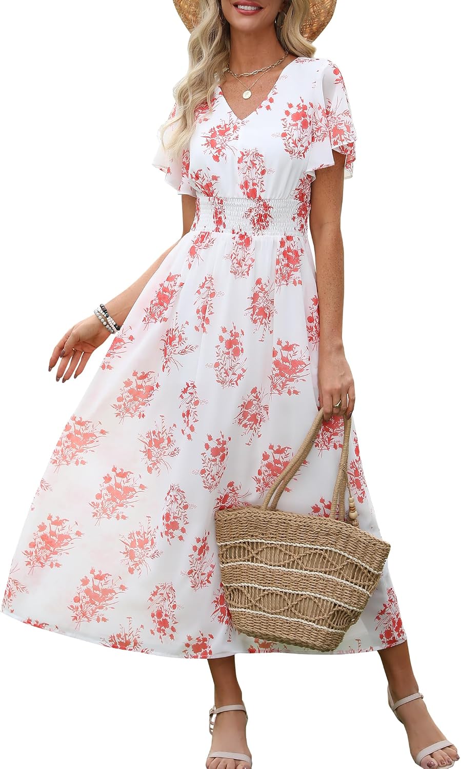 ANRABESS Womens Summer Floral Maxi Dress Casual V Neck Short Sleeve Chiffon Boho Flowy Beach 2026 Wedding Guest Long Dresses
