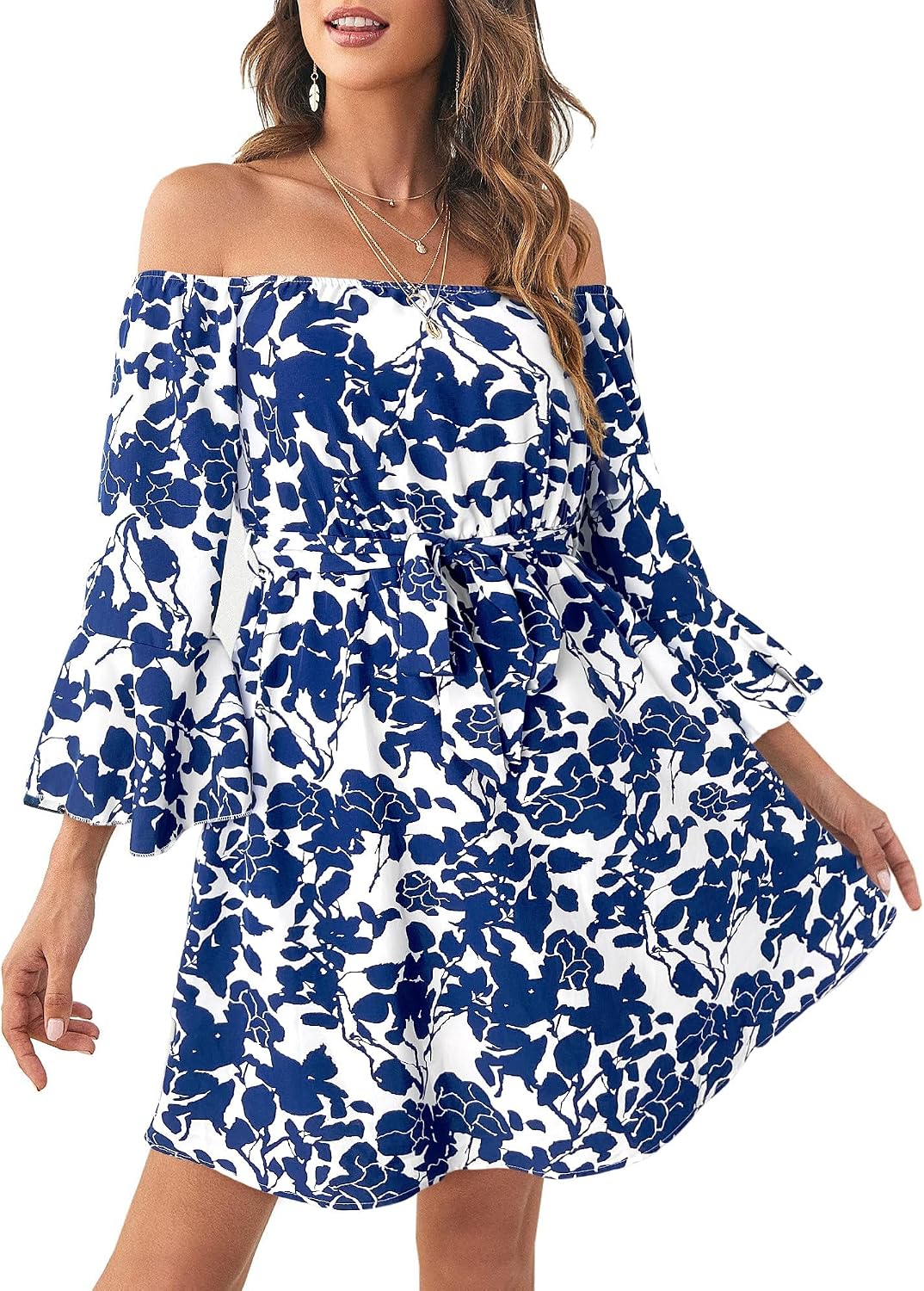 JECEIKA Fall Dress for Women, Off Shoulder Spring Dress for Wedding Guest | Ruffle Long Sleeves Fitted Bust Midi Dress,with Belt,for Mother's Day,Thanksgiving,Wedding Guest,Graduation,Valentine's Day