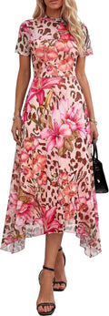 PRETTYGARDEN Women's Floral Mesh Midi Dress | Summer Wedding Guest Dresses,Short Sleeve Mock Neck A-Line,Semi-Sheer Overlay,Fit & Flare,Cocktail Party,Date Night Outfits