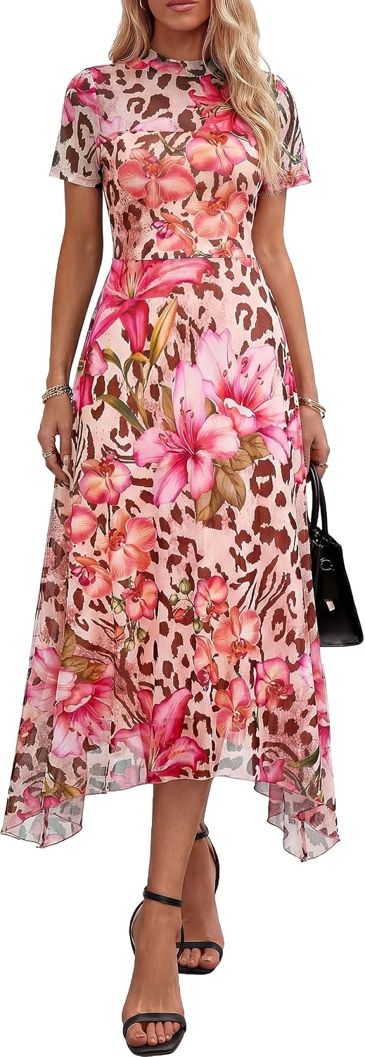 PRETTYGARDEN Women's Floral Mesh Midi Dress | Summer Wedding Guest Dresses,Short Sleeve Mock Neck A-Line,Semi-Sheer Overlay,Fit & Flare,Cocktail Party,Date Night Outfits