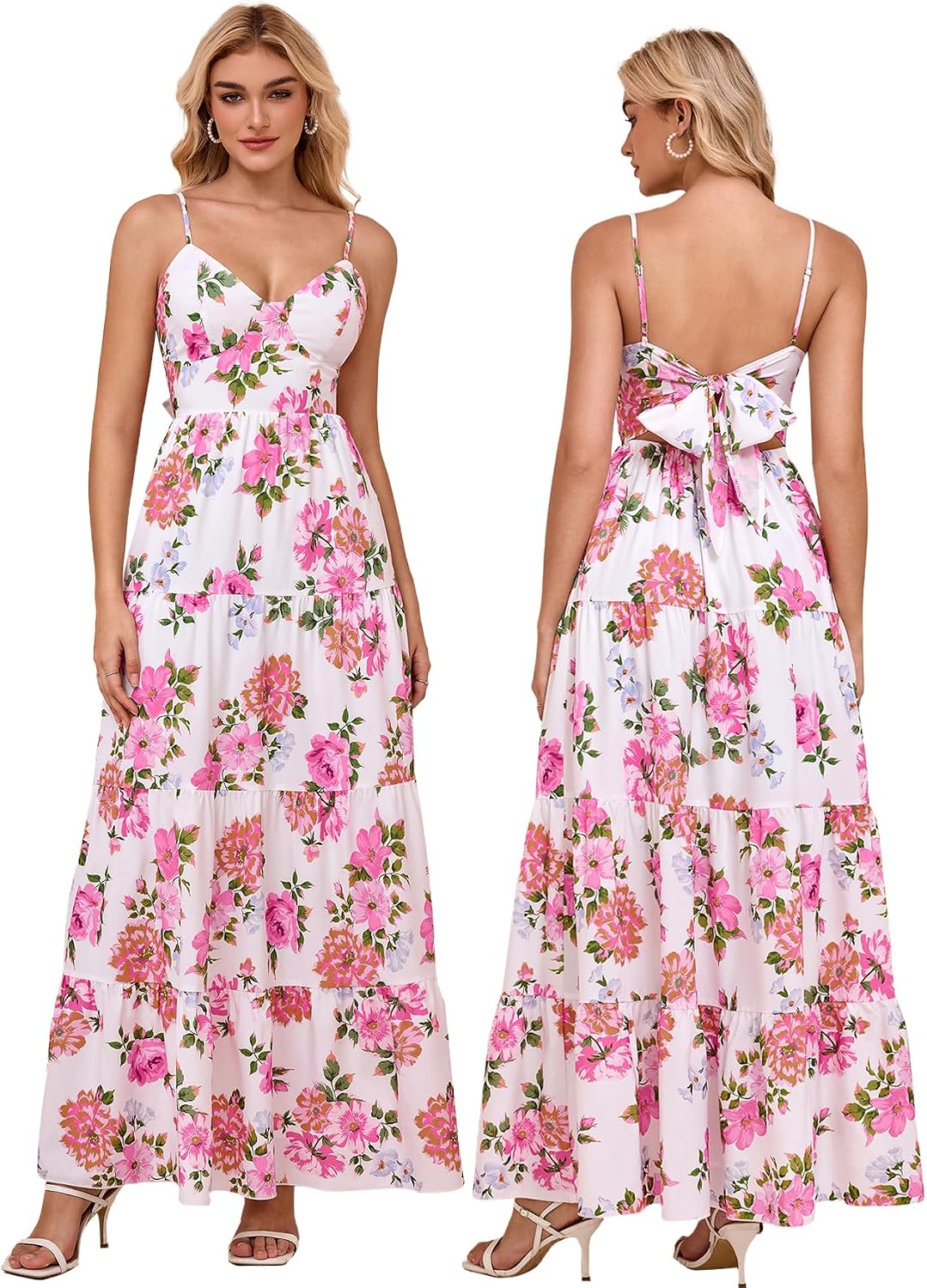 HTZMO Women Summer Floral Maxi Sundress Boho Beach Long Dress | Wedding Guest Bridal baby Shower Vacation Party Dresses 2026, Bow Tie A Line Flowy V Neck Spaghetti Strap