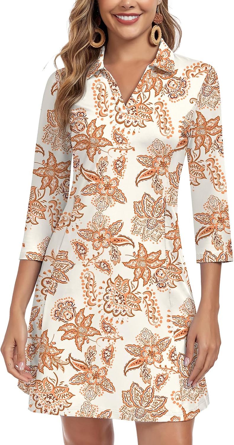 WOWENY 3\/4 Sleeve Dress for Women with Pockets V Neck UPF 50+ Casual Sun Dress Breathable Quick Dry Beach Vacation