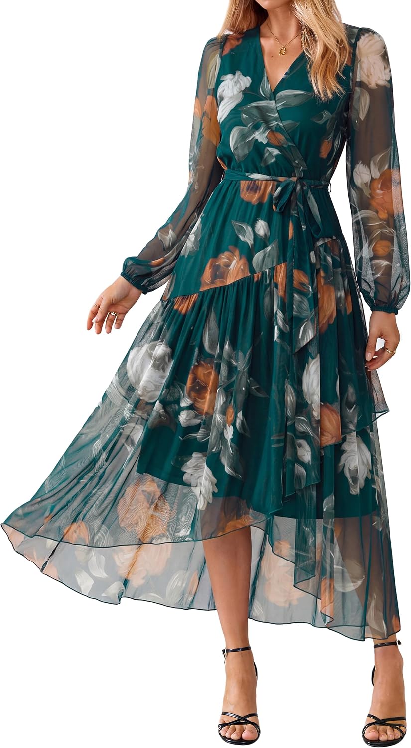 Simplee Women's Floral Long Sleeve Mesh Wedding Guest Maxi Dress | Fall V Neck Faux Wrap, Elegant Flowy A Line High Low Hem, Sheer Sleeve, Formal Tea Party Midi Dress