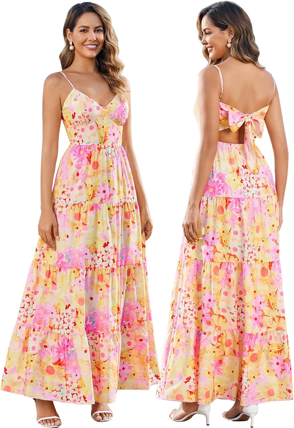 HTZMO Women Summer Floral Maxi Sundress Boho Beach Long Dress | Wedding Guest Bridal baby Shower Vacation Party Dresses 2026, Bow Tie A Line Flowy V Neck Spaghetti Strap