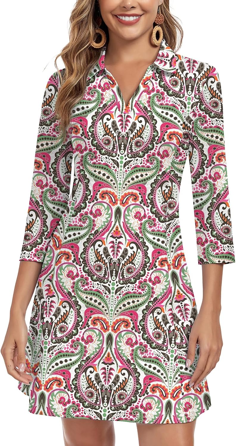 WOWENY 3\/4 Sleeve Dress for Women with Pockets V Neck UPF 50+ Casual Sun Dress Breathable Quick Dry Beach Vacation