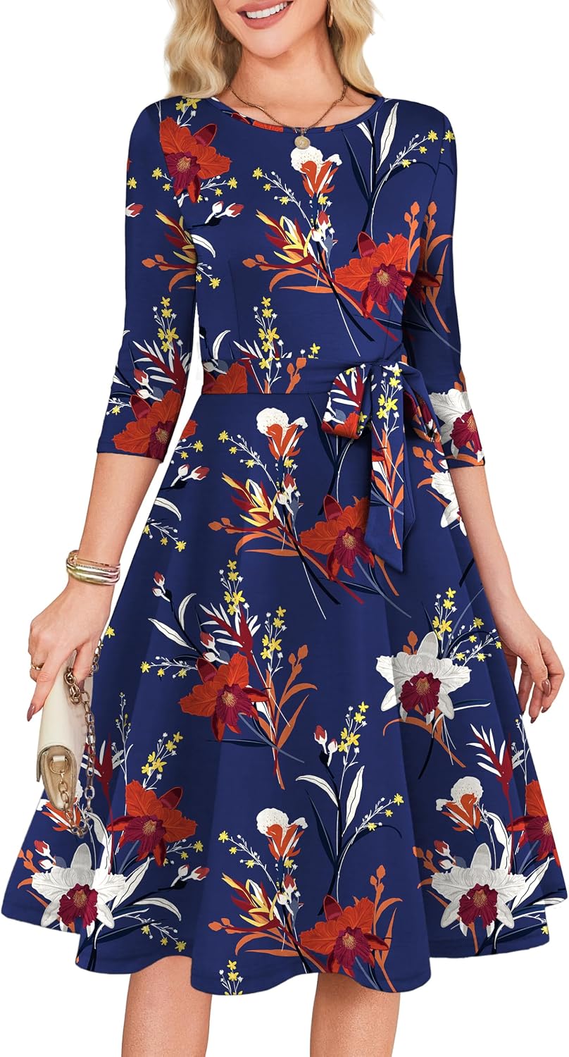RUMIA Womens Cocktail Dresses 3\/4 Sleeve Dress with Belt (XS-3XL) | Wrinkle-resistant & Tummy-flattering Vintage Fit. Ideal for Wedding Guest, Church, Work, Vacation & Holiday events.