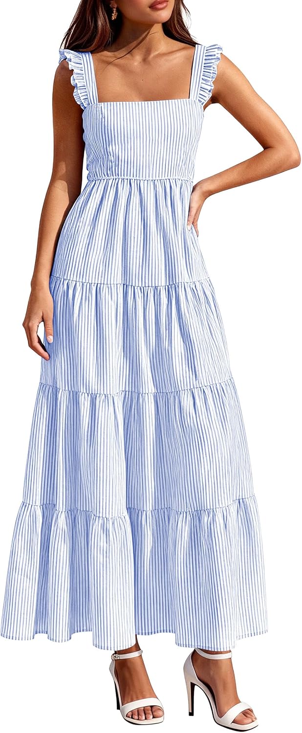 PRETTYGARDEN Women's Summer Striped Maxi Sun Dresses | Sleeveless Square Neck, Flowy Long, Back Smocked, Fit and Flare, Tiered A Line, Pockets, Casual Boho, Beach Vacation Clothes