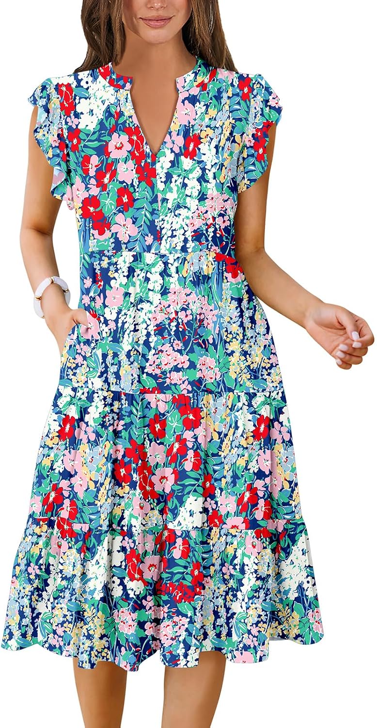 ANRABESS Womens Summer Dress Ruffle Sleeve V Neck Midi Dresses | Flowy Tiered Boho Beach Sundress, Casual Fit Knee Length, Fashion Vacation Work Outfits 2026