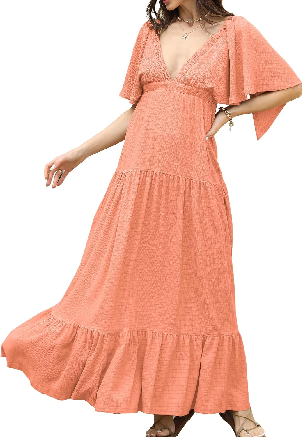 Kikibell Women Summer Dresses Sexy V-Neck Maxi Dress Tiered Silhouette with Flutter Sleeve Backless Elastic Waist Flowy Dress