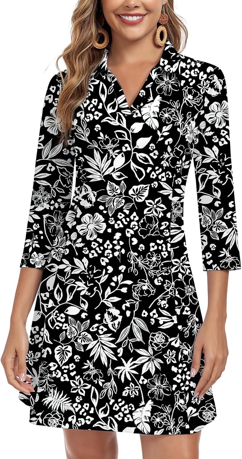 WOWENY 3\/4 Sleeve Dress for Women with Pockets V Neck UPF 50+ Casual Sun Dress Breathable Quick Dry Beach Vacation