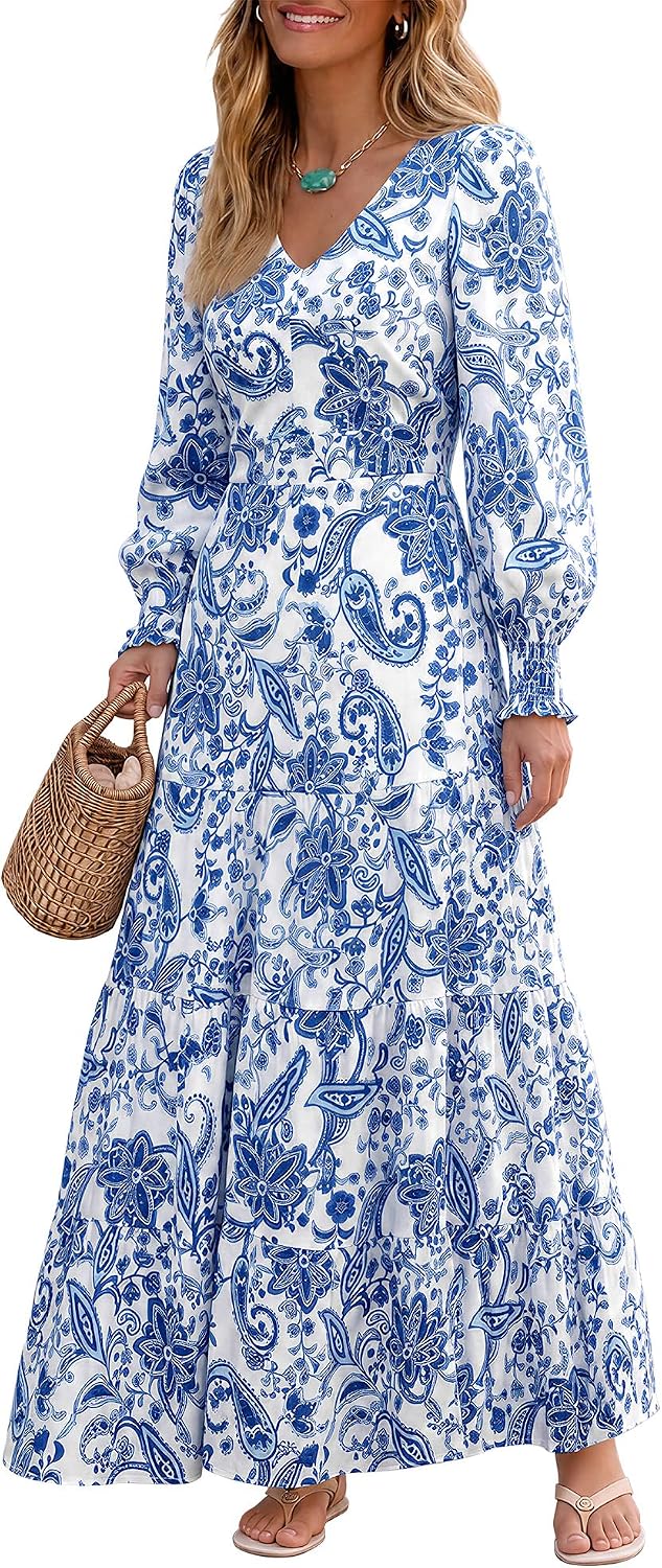 Caracilia Womens Long Sleeve Gingham Striped Flowy A-Line Fall Maxi Dress | Casual Smocked Church Dresses,Cuff Sleeve Pockets,Soft Lightweight V Neck Tiered, Boho Daily Wear,Travel Vacation Clothes