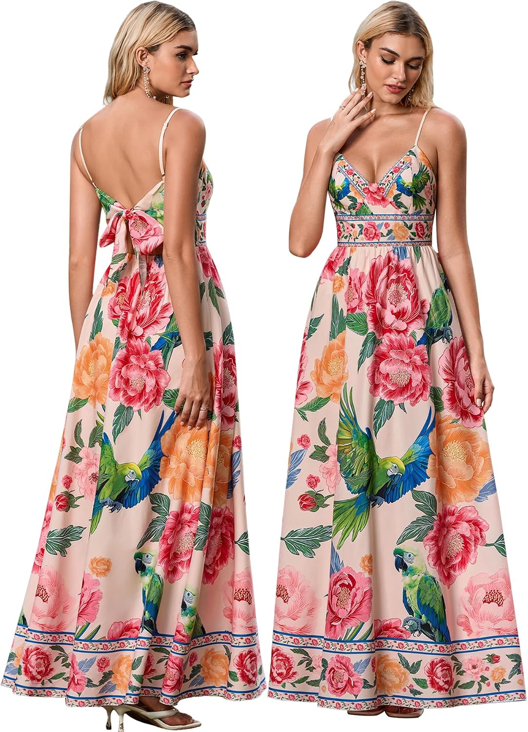 HTZMO Women Summer Floral Maxi Sundress Boho Beach Long Dress | Wedding Guest Bridal baby Shower Vacation Party Dresses 2026, Bow Tie A Line Flowy V Neck Spaghetti Strap