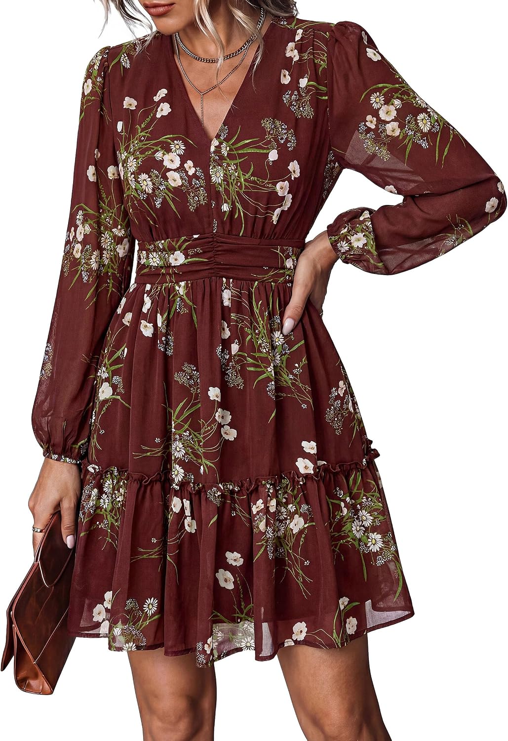 PRETTYGARDEN Women Floral Long Sleeve Mini Dress Fall Wedding Guest Dresses | Short Chiffon Dress, Boho Style, V Neck, Fit & Flare, Ruffle A-Line, Elegant Holiday Party, Baby Shower, Date Night Outfits