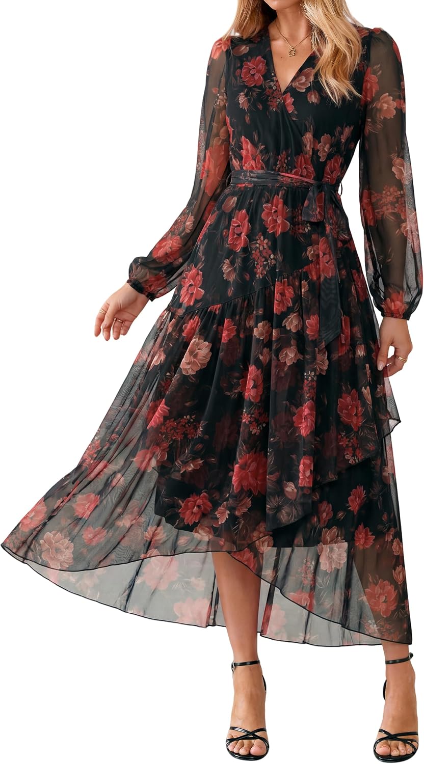 Simplee Women's Floral Long Sleeve Mesh Wedding Guest Maxi Dress | Fall V Neck Faux Wrap, Elegant Flowy A Line High Low Hem, Sheer Sleeve, Formal Tea Party Midi Dress