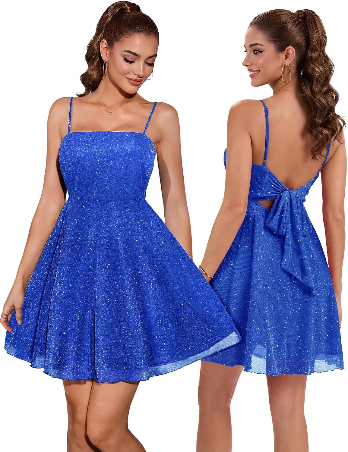 DRESSTELLS Sparkly Short Homecoming Dress, Bow Tie Back for Cocktail Party | 3-layer Puffy Aline, Fit Flare for Teens, Adjustable Straps, Semi formal for Women
