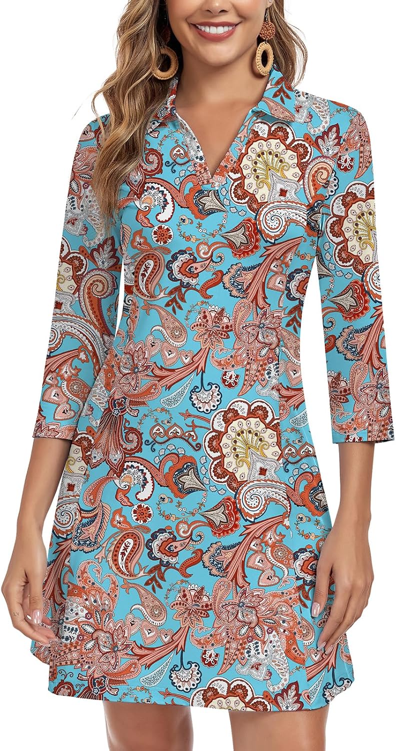 WOWENY 3\/4 Sleeve Dress for Women with Pockets V Neck UPF 50+ Casual Sun Dress Breathable Quick Dry Beach Vacation