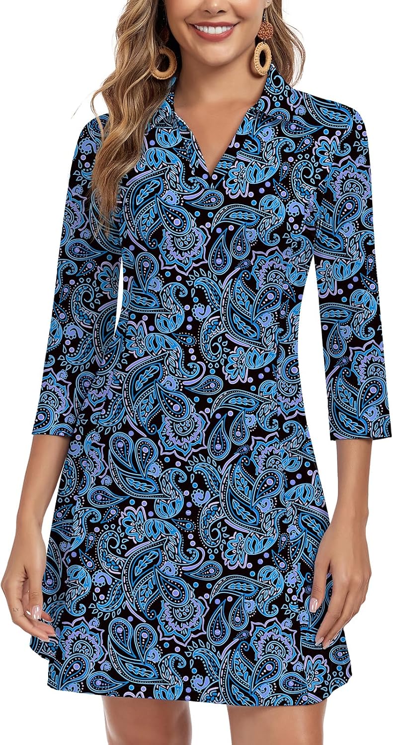 WOWENY 3\/4 Sleeve Dress for Women with Pockets V Neck UPF 50+ Casual Sun Dress Breathable Quick Dry Beach Vacation