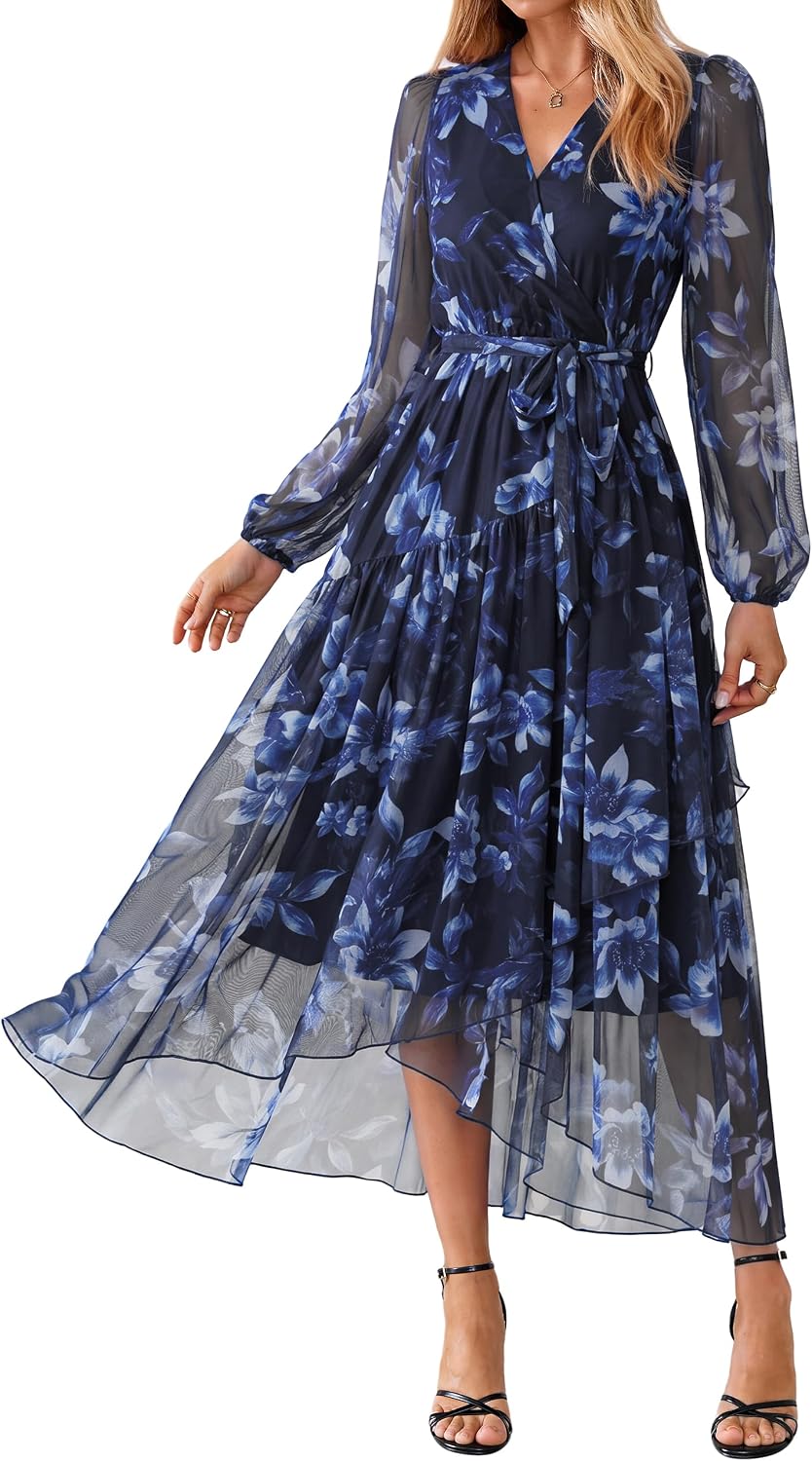 Simplee Women's Floral Long Sleeve Mesh Wedding Guest Maxi Dress | Fall V Neck Faux Wrap, Elegant Flowy A Line High Low Hem, Sheer Sleeve, Formal Tea Party Midi Dress