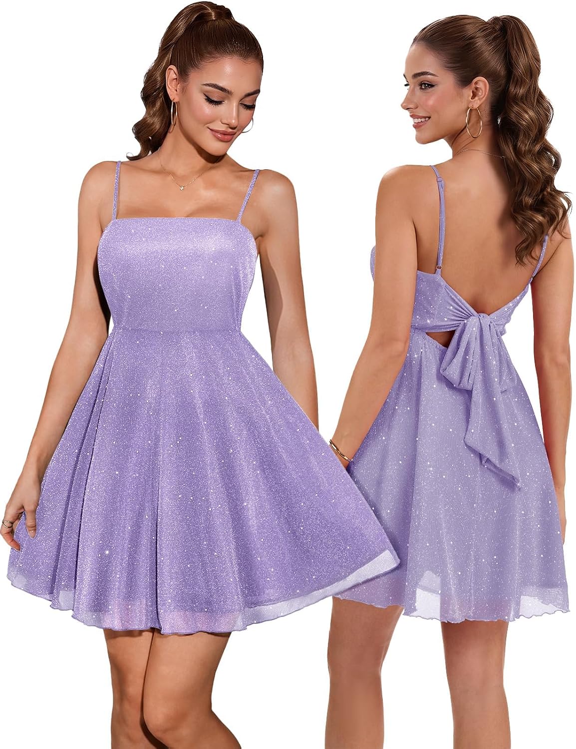 DRESSTELLS Sparkly Short Homecoming Dress, Bow Tie Back for Cocktail Party | 3-layer Puffy Aline, Fit Flare for Teens, Adjustable Straps, Semi formal for Women