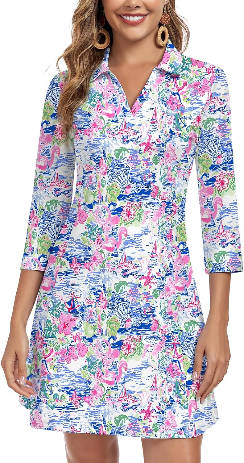 WOWENY 3\/4 Sleeve Dress for Women with Pockets V Neck UPF 50+ Casual Sun Dress Breathable Quick Dry Beach Vacation