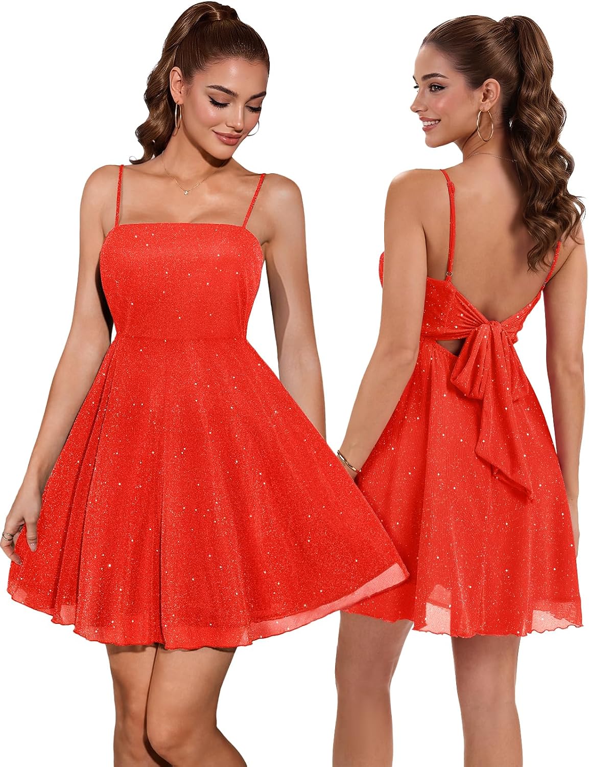 DRESSTELLS Sparkly Short Homecoming Dress, Bow Tie Back for Cocktail Party | 3-layer Puffy Aline, Fit Flare for Teens, Adjustable Straps, Semi formal for Women