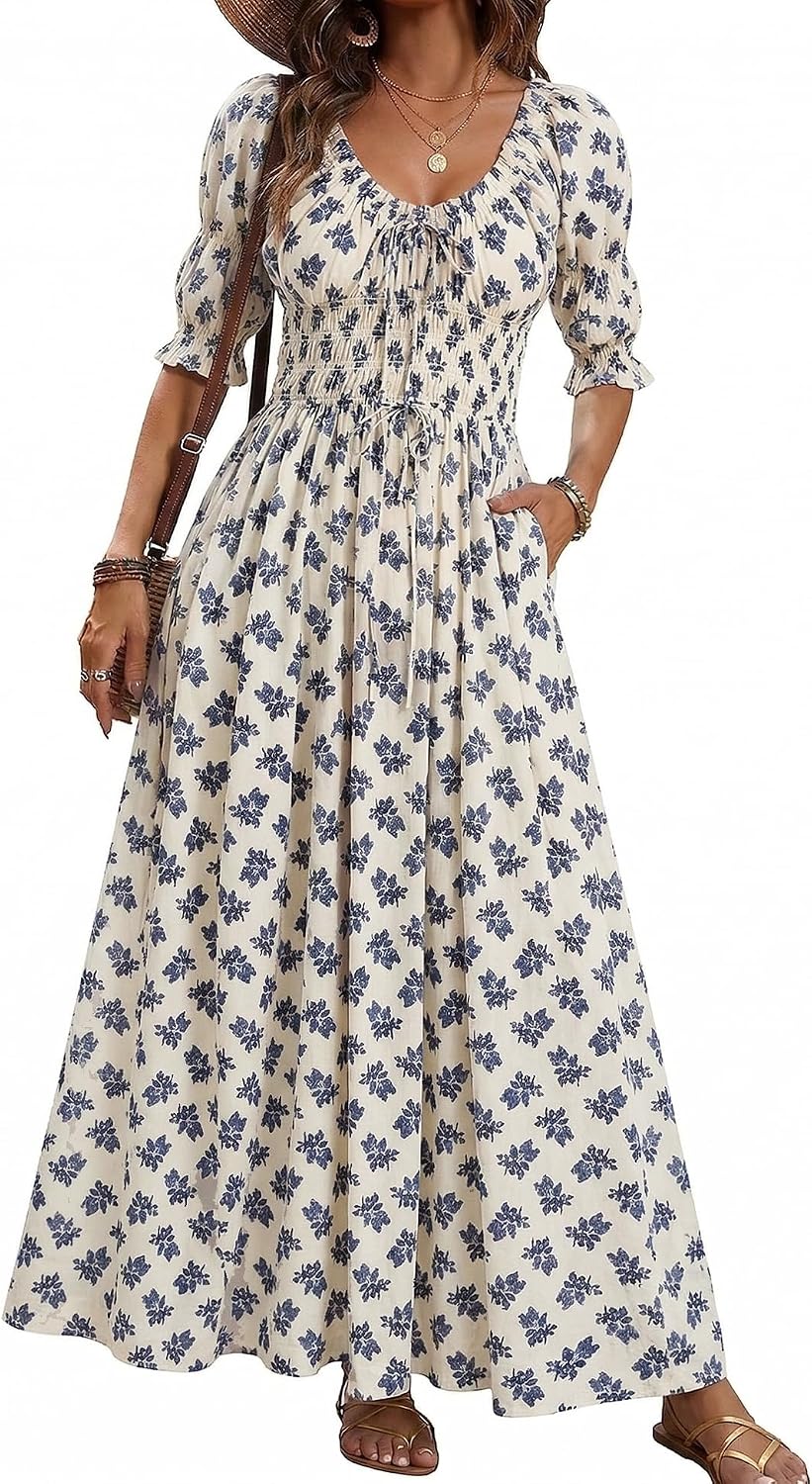 LEYRASON Women's Boho Floral Puff Sleeve Maxi Dress with Pockets | Scoop Neck Short Sleeve, A Line, Smocked Tie Long Flowy Dresses, Beach Vacation, Wedding Guest, Spring Summer Fall Outfits