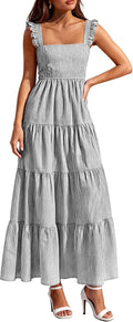 PRETTYGARDEN Women's Summer Striped Maxi Sun Dresses | Sleeveless Square Neck, Flowy Long, Back Smocked, Fit and Flare, Tiered A Line, Pockets, Casual Boho, Beach Vacation Clothes