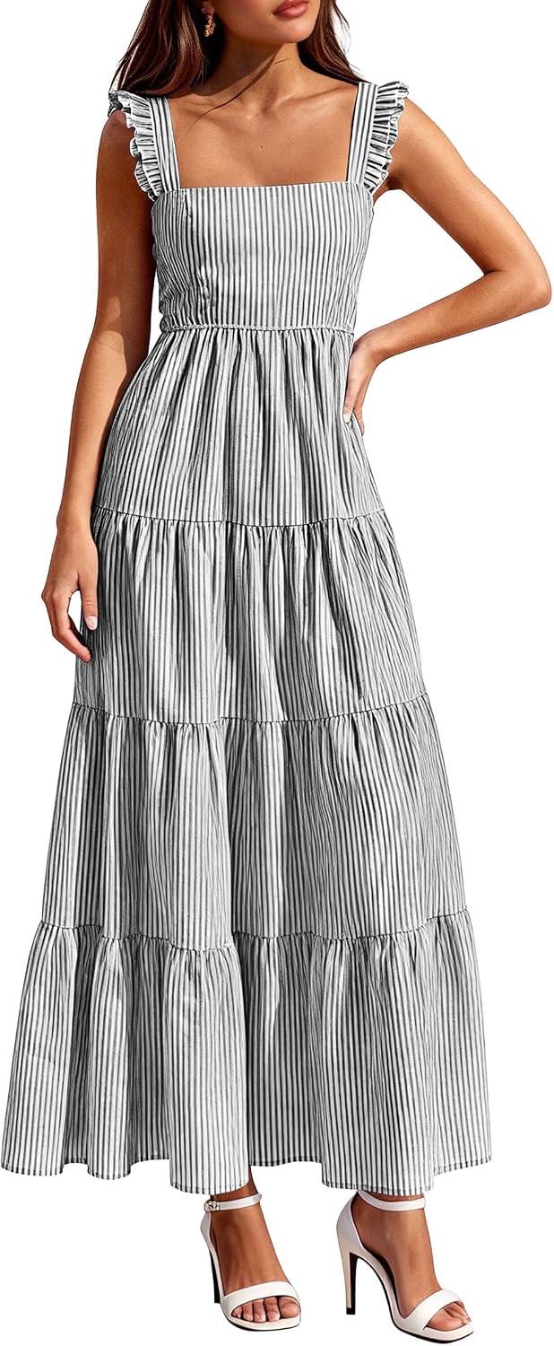 PRETTYGARDEN Women's Summer Striped Maxi Sun Dresses | Sleeveless Square Neck, Flowy Long, Back Smocked, Fit and Flare, Tiered A Line, Pockets, Casual Boho, Beach Vacation Clothes