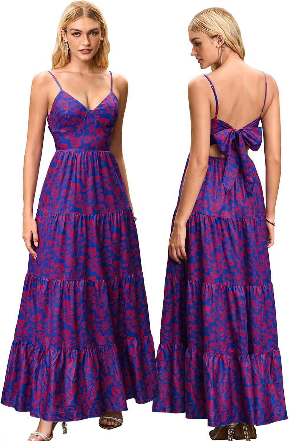 HTZMO Women Summer Floral Maxi Sundress Boho Beach Long Dress | Wedding Guest Bridal baby Shower Vacation Party Dresses 2026, Bow Tie A Line Flowy V Neck Spaghetti Strap