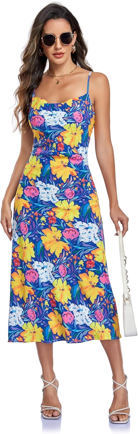 Women's Spaghetti Strap Midi Satin Silk Dresses Slip Cowl Neck Party Cocktail Evening Sexy Dress