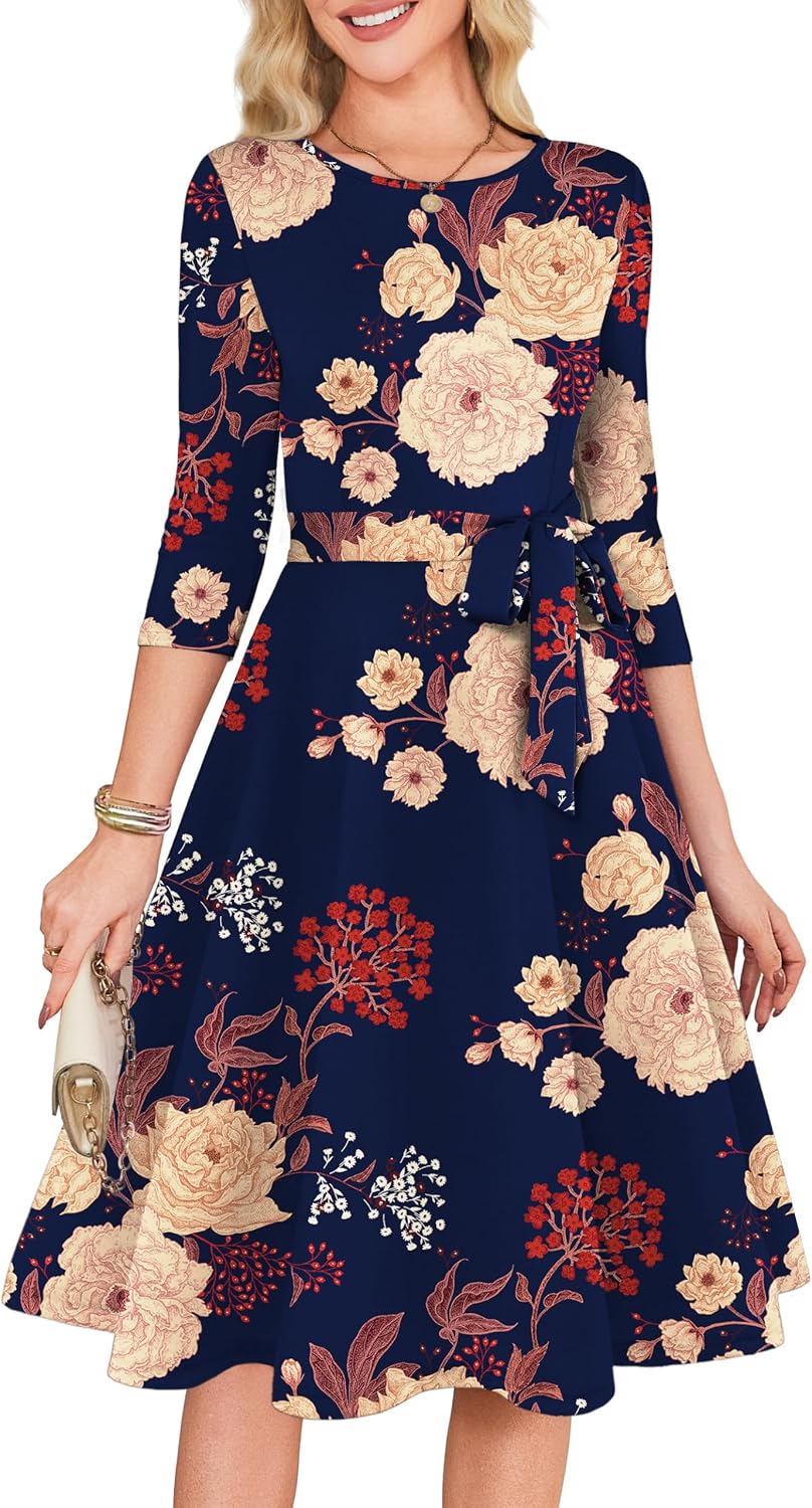 RUMIA Womens Cocktail Dresses 3\/4 Sleeve Dress with Belt (XS-3XL) | Wrinkle-resistant & Tummy-flattering Vintage Fit. Ideal for Wedding Guest, Church, Work, Vacation & Holiday events.