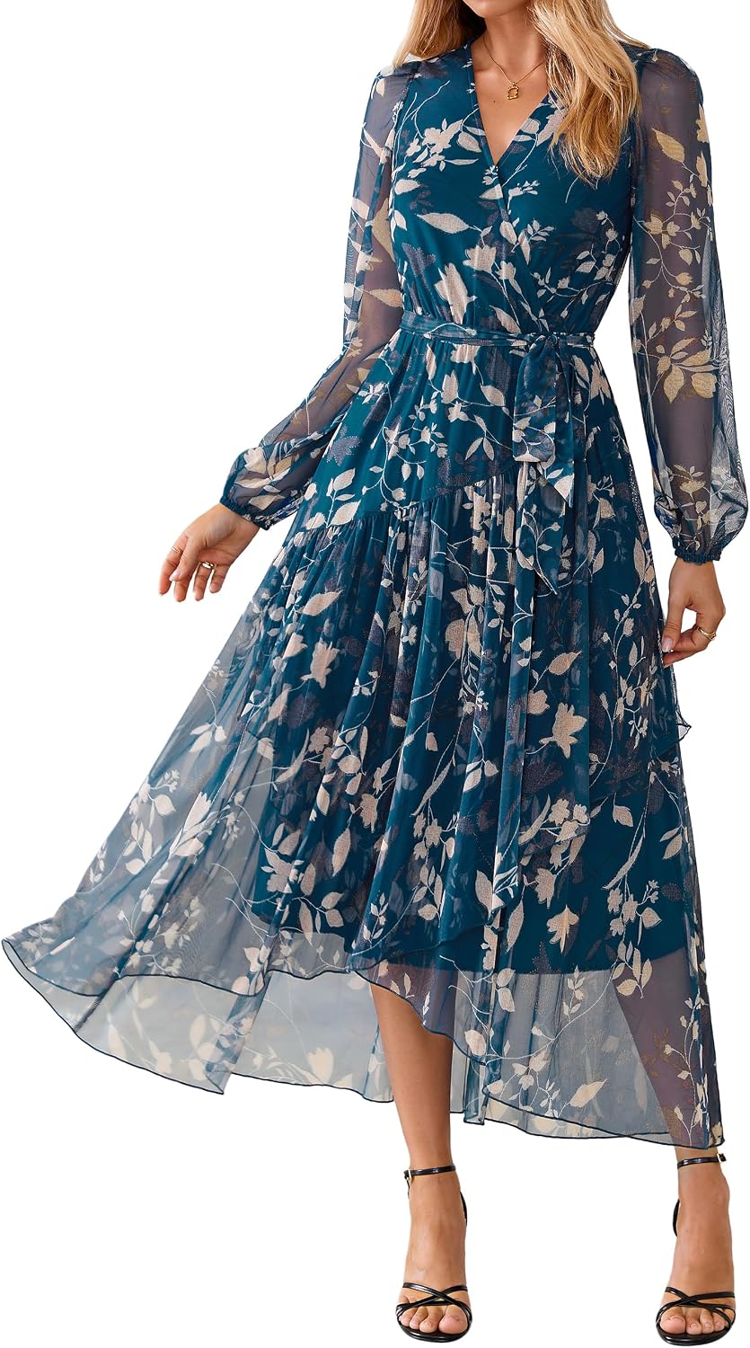 Simplee Women's Floral Long Sleeve Mesh Wedding Guest Maxi Dress | Fall V Neck Faux Wrap, Elegant Flowy A Line High Low Hem, Sheer Sleeve, Formal Tea Party Midi Dress