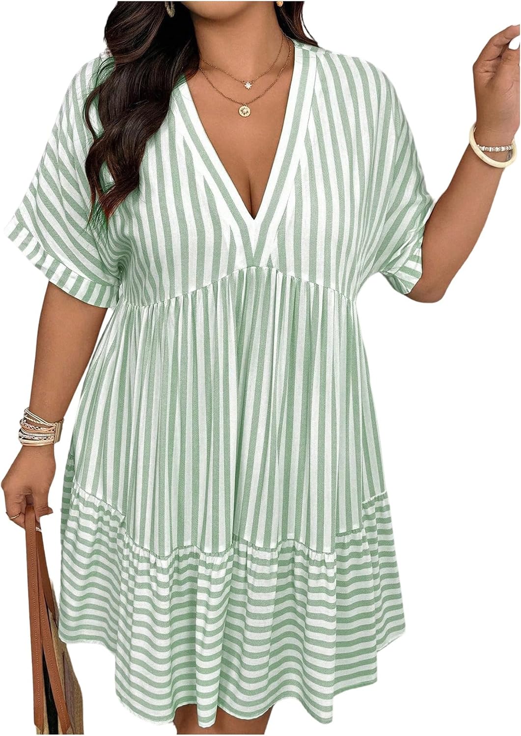 SOLY HUX Women's Plus Size Summer Striped Half Sleeve Ruffle Babydoll Dress | Deep V Neck, Flowy, Vacation, Beach Dress