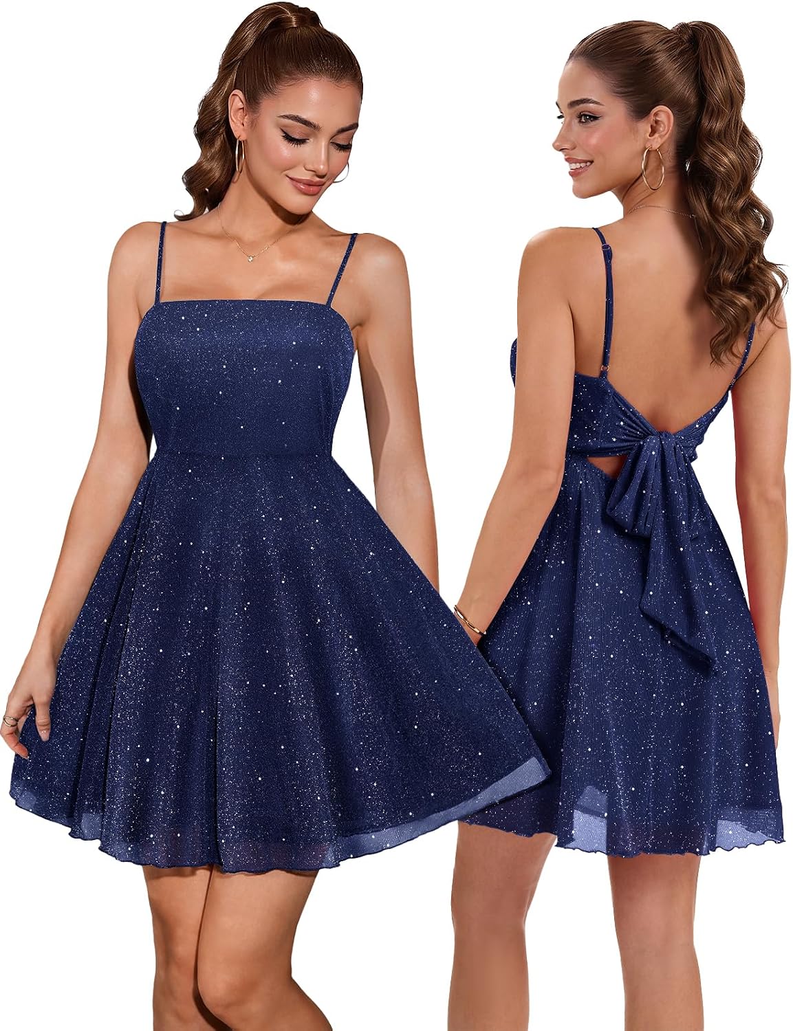 DRESSTELLS Sparkly Short Homecoming Dress, Bow Tie Back for Cocktail Party | 3-layer Puffy Aline, Fit Flare for Teens, Adjustable Straps, Semi formal for Women