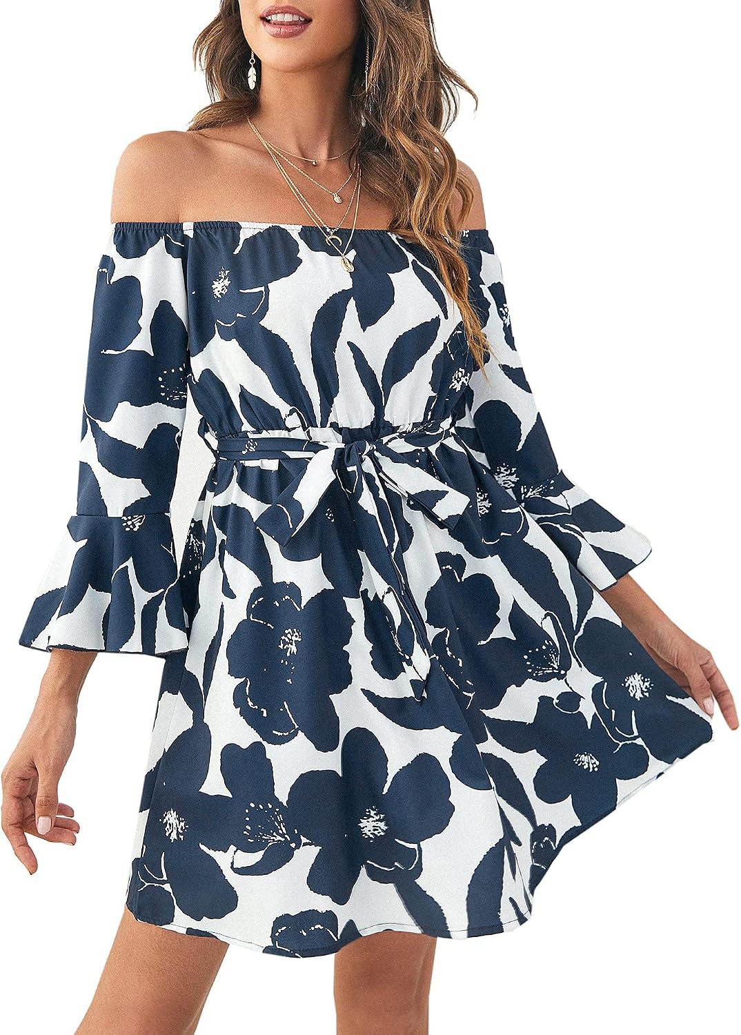JECEIKA Fall Dress for Women, Off Shoulder Spring Dress for Wedding Guest | Ruffle Long Sleeves Fitted Bust Midi Dress,with Belt,for Mother's Day,Thanksgiving,Wedding Guest,Graduation,Valentine's Day