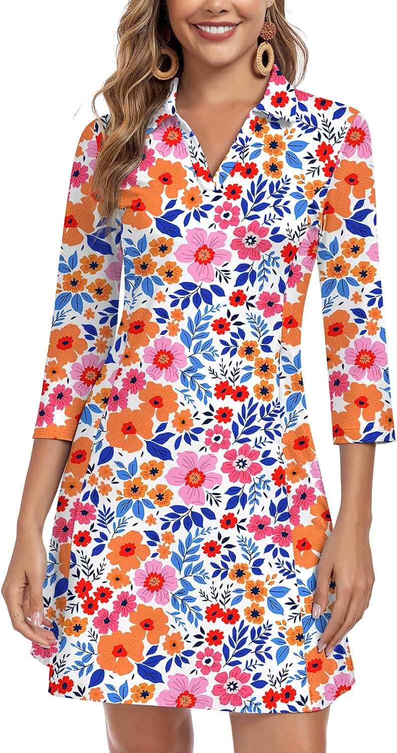 WOWENY 3\/4 Sleeve Dress for Women with Pockets V Neck UPF 50+ Casual Sun Dress Breathable Quick Dry Beach Vacation