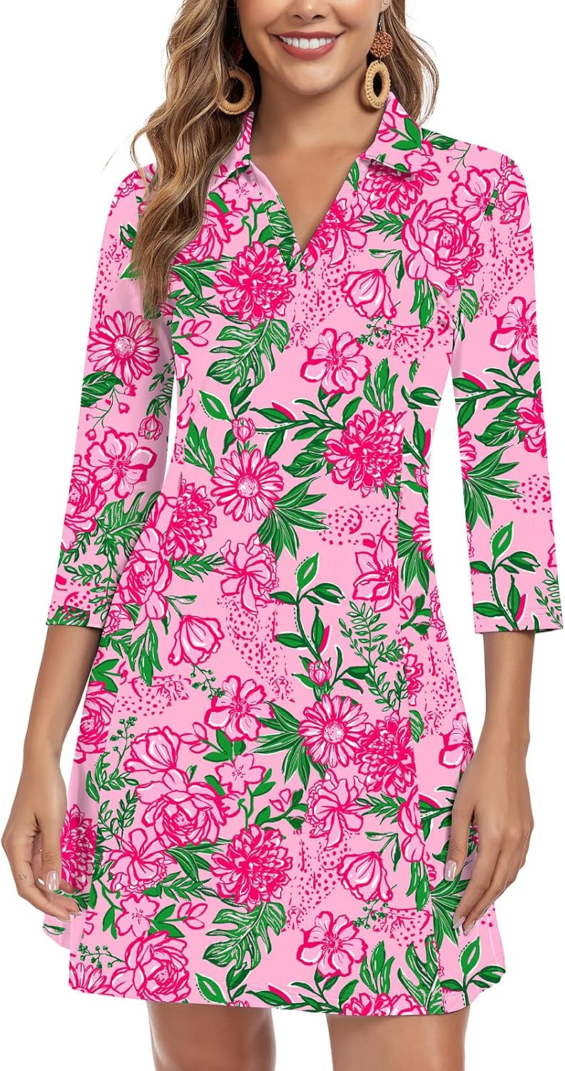 WOWENY 3\/4 Sleeve Dress for Women with Pockets V Neck UPF 50+ Casual Sun Dress Breathable Quick Dry Beach Vacation
