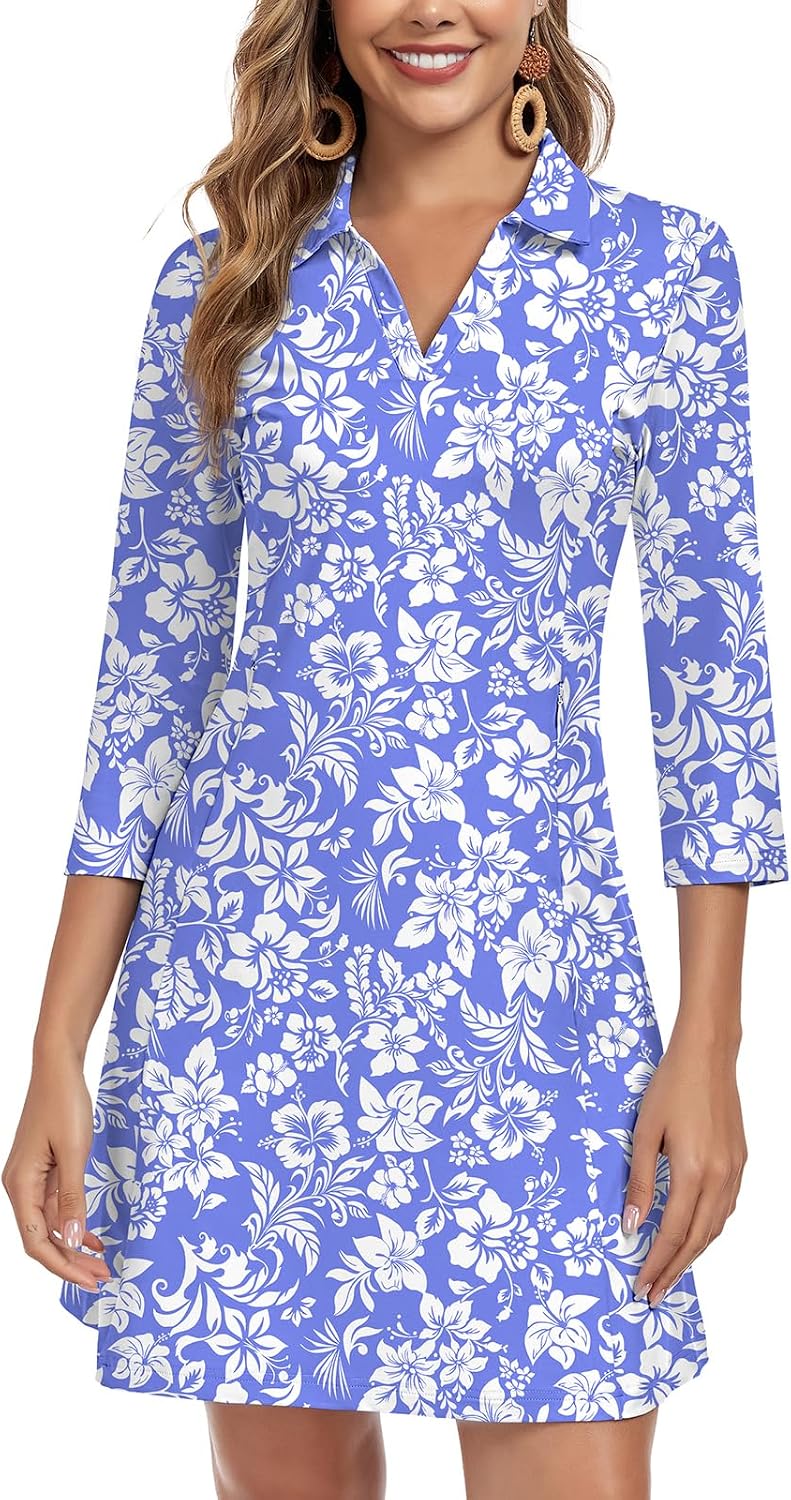 WOWENY 3\/4 Sleeve Dress for Women with Pockets V Neck UPF 50+ Casual Sun Dress Breathable Quick Dry Beach Vacation