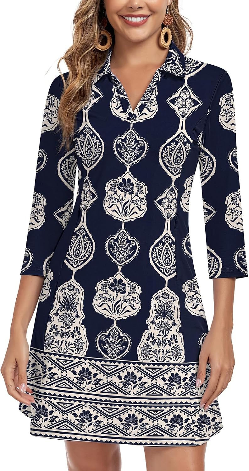 WOWENY 3\/4 Sleeve Dress for Women with Pockets V Neck UPF 50+ Casual Sun Dress Breathable Quick Dry Beach Vacation