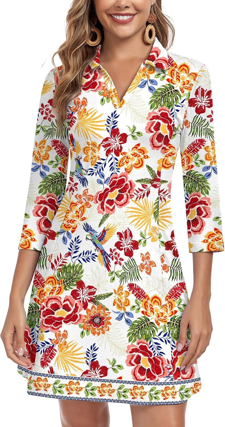 WOWENY 3\/4 Sleeve Dress for Women with Pockets V Neck UPF 50+ Casual Sun Dress Breathable Quick Dry Beach Vacation
