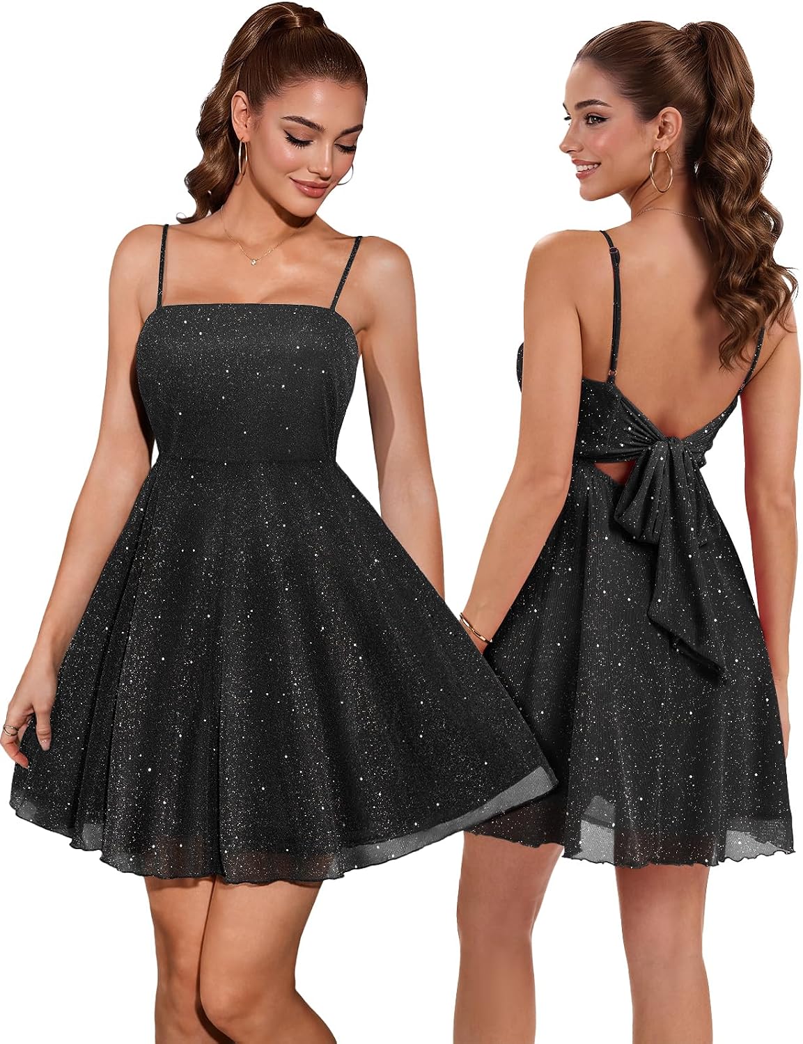 DRESSTELLS Sparkly Short Homecoming Dress, Bow Tie Back for Cocktail Party | 3-layer Puffy Aline, Fit Flare for Teens, Adjustable Straps, Semi formal for Women
