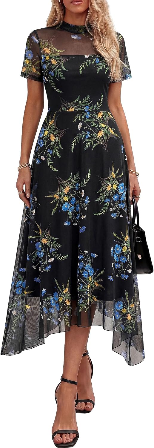 PRETTYGARDEN Women's Floral Mesh Midi Dress | Summer Wedding Guest Dresses,Short Sleeve Mock Neck A-Line,Semi-Sheer Overlay,Fit & Flare,Cocktail Party,Date Night Outfits